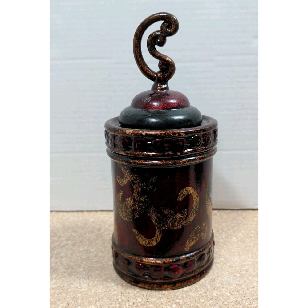 Tuscan Style Decorative Ceramic Canister Jar w/ Ornate Finial Lid - Red & Gold